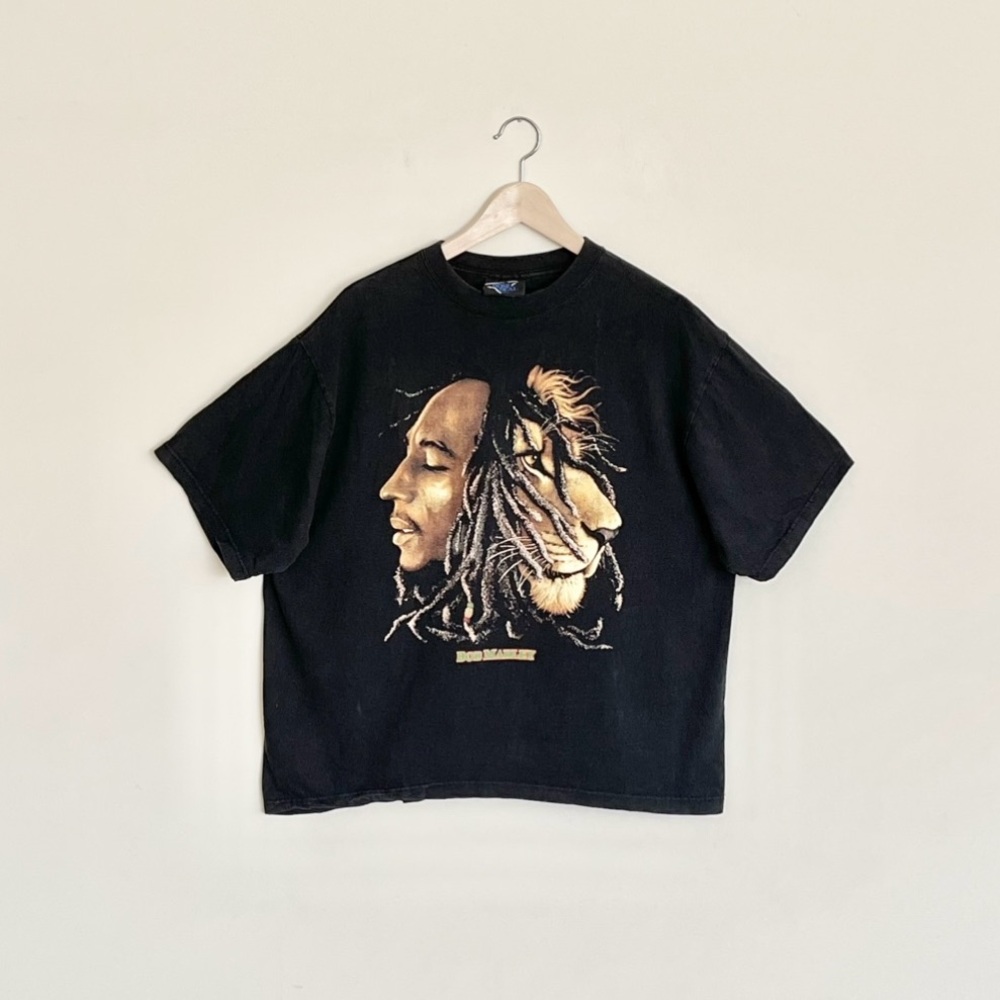 Vintage 90s Y2K Bob Marley Lion Wake Up and Live Graphic Black T Shirt Adult L